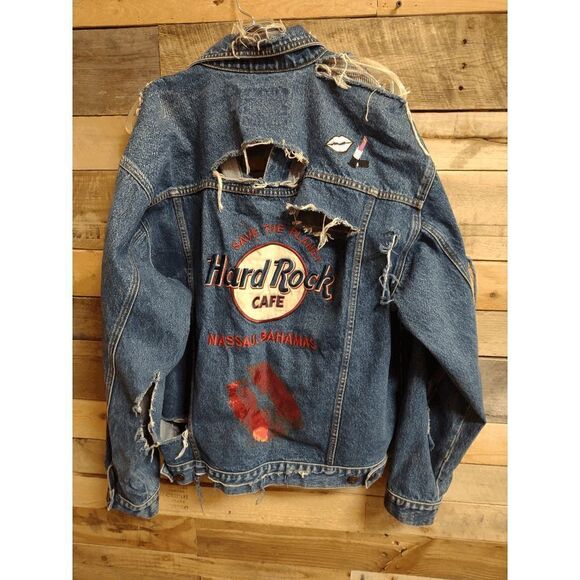 Hard Rock Cafe Nassau Bahamas Custom Large (L) Jean Jacket, Ripped Lips Lipstick - Picture 2 of 8